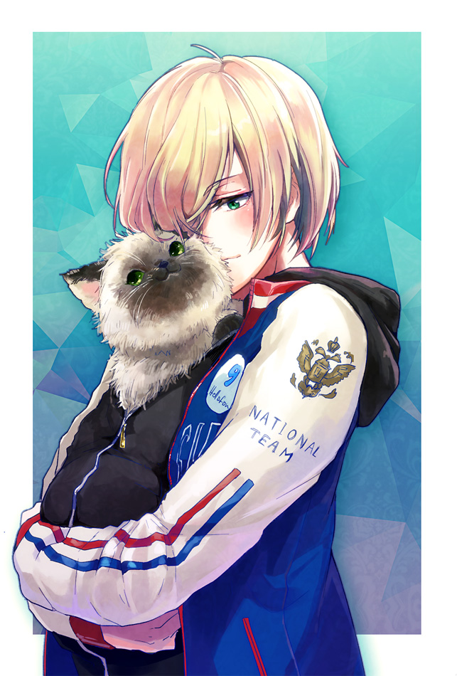 1boy animal animal_in_clothes aqua_background blonde_hair carrying cat clothes_writing green_eyes hair_over_one_eye hood hoodie jacket male_focus outside_border puma_tiger_scorpion rayu smile track_jacket yuri!!!_on_ice yuri_plisetsky
