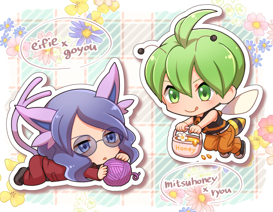2boys :q aaron_(pokemon) ahoge akr_(tvfz2233) animal_ears chibi chibi_only closed_mouth commentary_request green_eyes green_hair honey jacket lucian_(pokemon) male_focus multiple_boys nintendo open_mouth orange_pants outline pants parted_bangs pokemon pokemon_dppt red_jacket red_pants shirt shoes short_hair sleeveless sleeveless_shirt smile sunglasses tail tongue tongue_out wings yarn yarn_ball