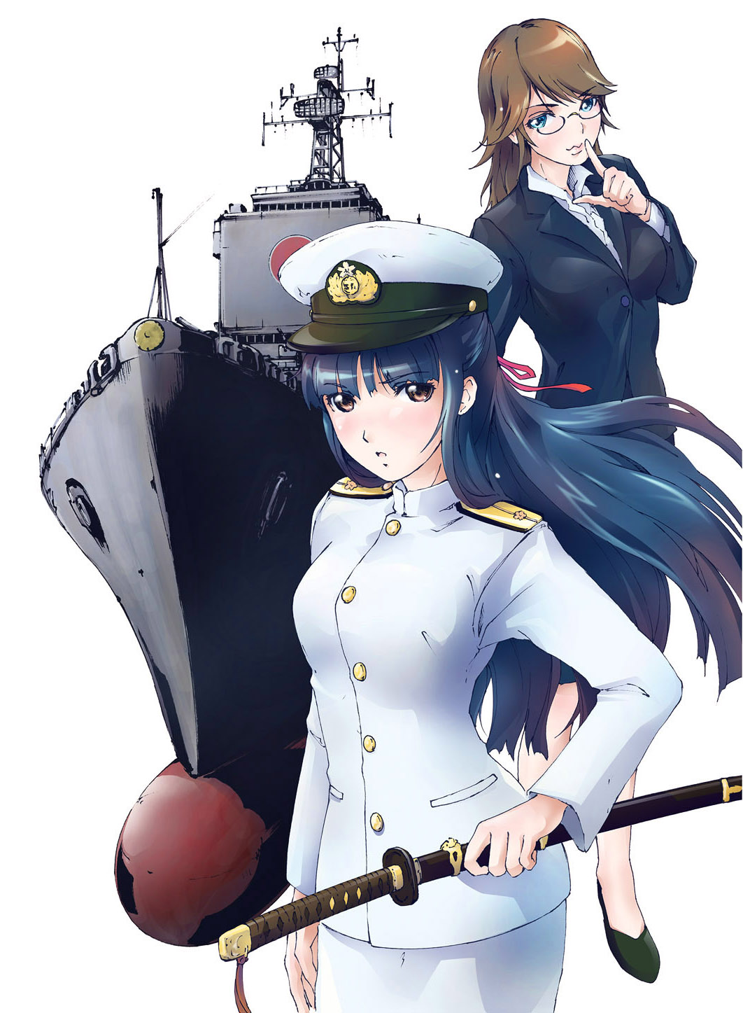 2girls glasses hair_ribbon hat highres jokou_no_seisen katana military military_uniform multiple_girls peaked_cap ribbon shinonome_kaoruko ship sword touen-no-miya_nako washio_naohiro watercraft weapon