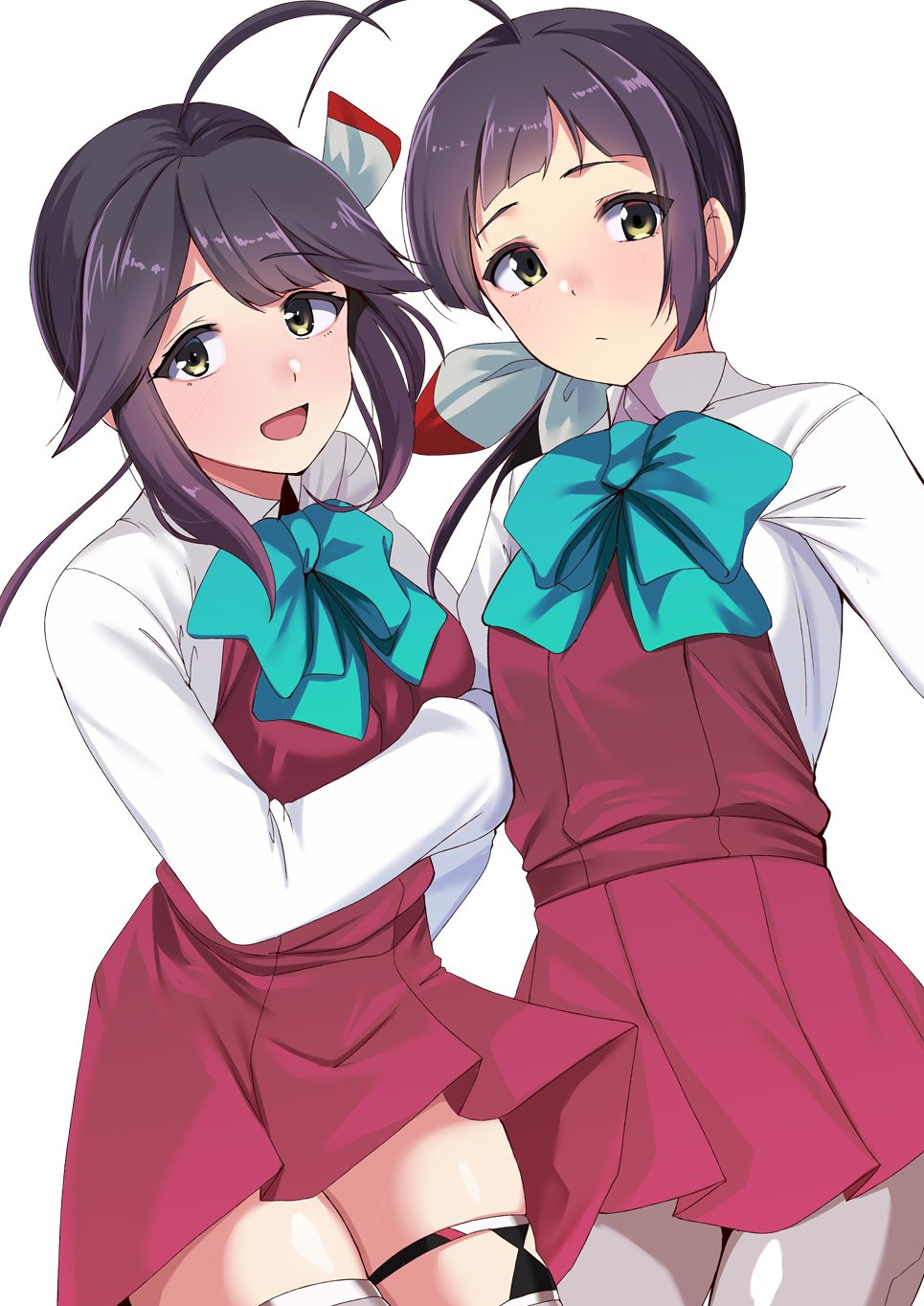2girls ahoge aqua_bow aqua_bowtie asymmetrical_bangs black_hair bow bowtie collared_shirt cowboy_shot cut_bangs dress dress_shirt fujinami_(kancolle) grey_pantyhose grey_thighhighs hayanami_(kancolle) highres kantai_collection long_hair long_sleeves multiple_girls pantyhose purple_dress ribbon school_uniform seamed_legwear shirt short_hair side-seamed_legwear side_ponytail simple_background thighhighs tirasi_(so) white_background white_ribbon white_shirt yellow_eyes