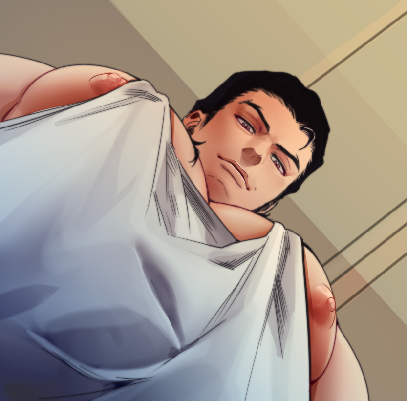 1boy alternate_pectoral_size bara bleach foreshortening from_below ginjou_kuugo large_pectorals looking_at_viewer looking_down male_focus meme muscular muscular_male nanoli21 nipple_slip nipples pec_pov_(meme) pectoral_cleavage pectoral_focus pectorals photo-referenced short_hair sidepec smile solo tank_top thick_eyebrows upper_body white_tank_top