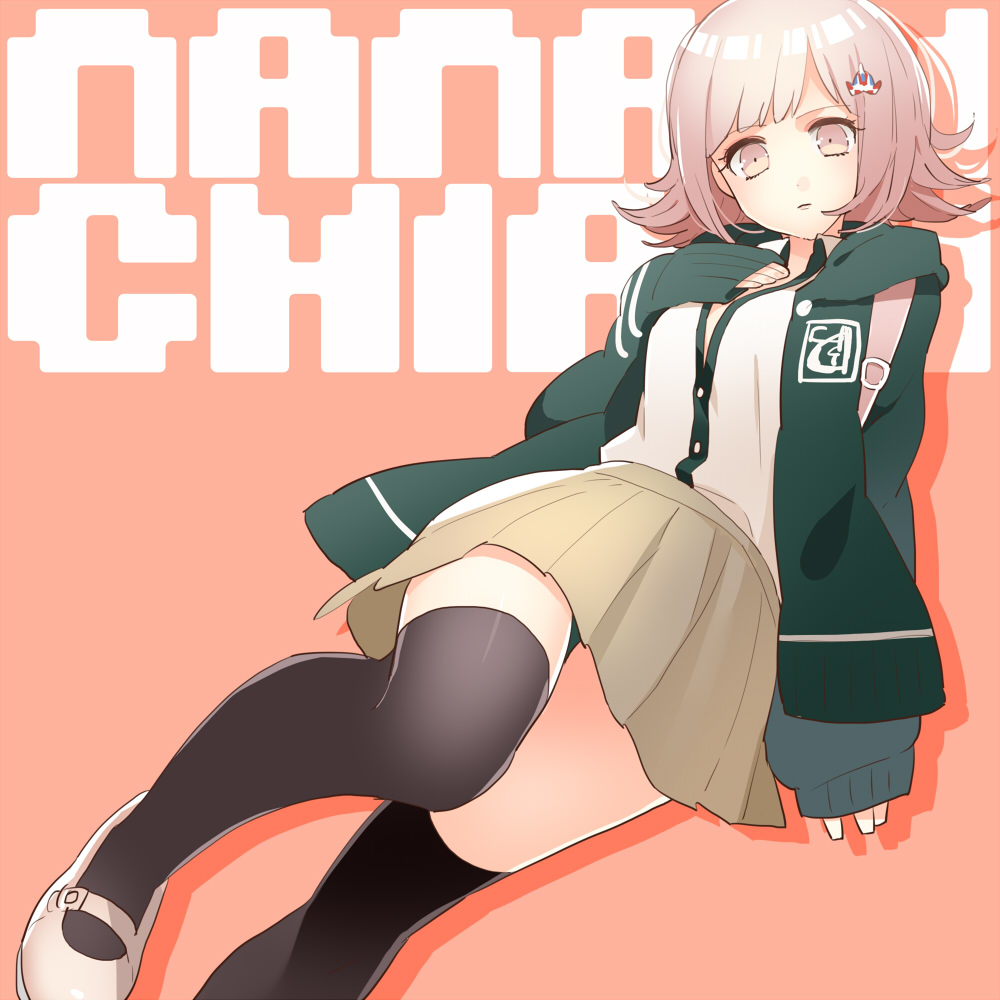 10s 1girl bad_id bad_pixiv_id black_thighhighs character_name danganronpa_(series) danganronpa_2:_goodbye_despair female_focus flipped_hair gum_(gmng) gumidemo_kandero hair_ornament hairclip hood hoodie long_hair mary_janes nanami_chiaki necktie open_mouth pink_eyes pink_hair pink_shoes pleated_skirt ribbon school_uniform shoes skirt solo thighhighs