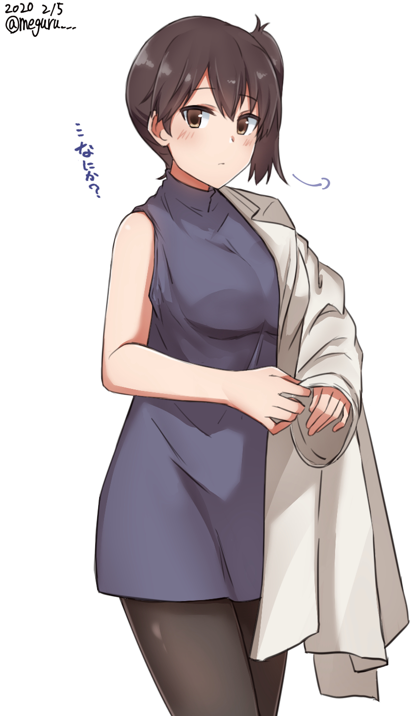 1girl beige_coat black_dress black_pantyhose brown_eyes brown_hair coat commentary_request cowboy_shot dated dress female_focus highres kaga_(kancolle) kantai_collection looking_at_viewer meguru_(megurunn) one-hour_drawing_challenge pantyhose short_hair side_ponytail simple_background sleeveless sleeveless_dress solo translation_request turtleneck twitter_username undressing white_background