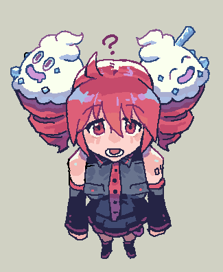 1girl ahoge bare_shoulders belt black_shirt black_skirt buttons commentary detached_sleeves drill_hair english_commentary gen_5_pokemon grey_background hair_between_eyes kasane_teto kasane_teto_(utau) looking_at_viewer lower_teeth_only lowres nintendo nycnouu open_mouth pixel_art pocket pokemon pokemon_(creature) red_belt red_eyes red_hair shirt skirt solo teeth twin_drills utau vanilluxe