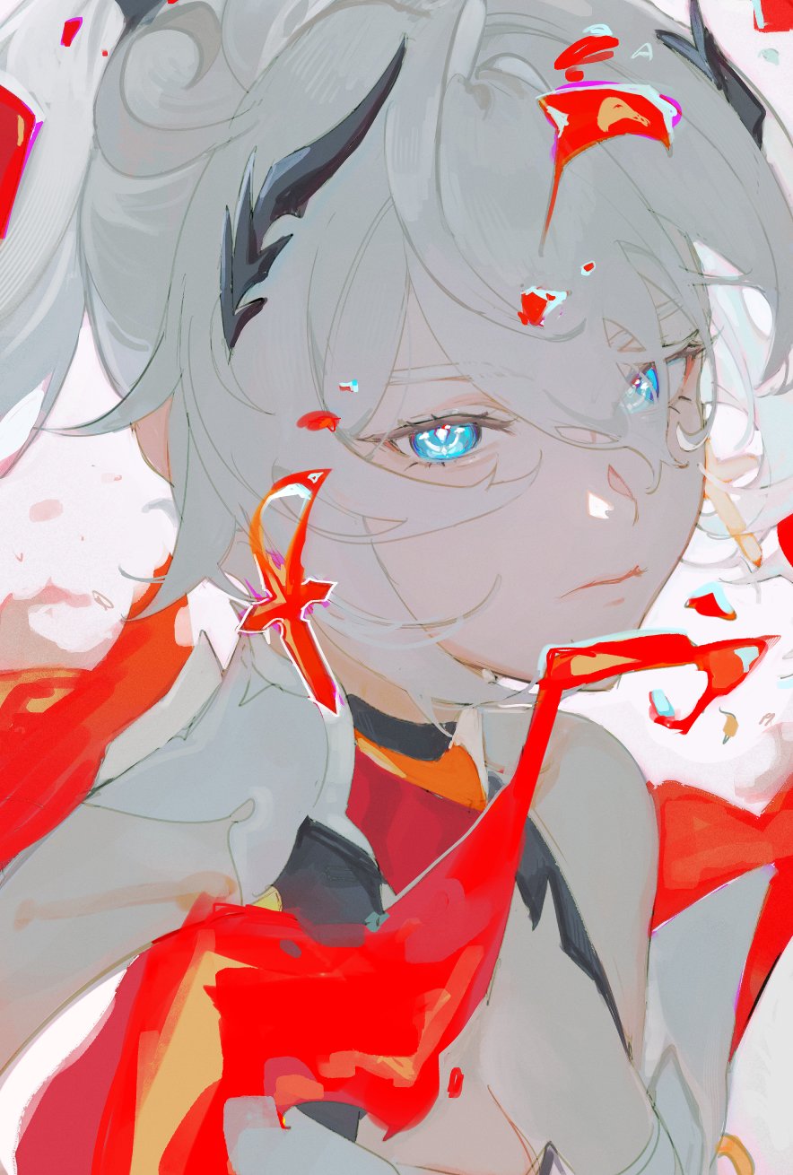 1girl arbk_r blue_eyes closed_mouth commentary cross cross_earrings diamond-shaped_pupils diamond_(shape) earrings hair_between_eyes high_ponytail highres honkai_(series) honkai_impact_3rd jewelry kiana_kaslana kiana_kaslana_(herrscher_of_flamescion) long_hair ponytail portrait solo symbol-shaped_pupils white_hair