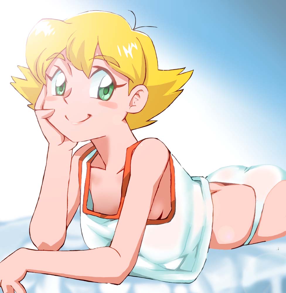 1girl antenna_hair ass back blonde_hair blue_background breasts clothes_lift commentary_request cowboy_shot daisougen_no_chiisana_tenshi_bush_baby female_focus from_side gradient_background head_rest indoors jacqueline_rhodes no_bra no_pants onnaski panties parted_bangs see-through_clothes shirt_lift short_hair sideboob solo tank_top underwear white_background white_panties world_masterpiece_theater