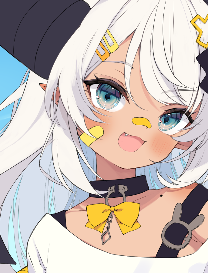 1girl ahoge asagawa_mikan asagawa_mikan_(peachy_michi) bat_wings blue_eyes blush crossed_legs demon_girl demon_horns dolphin_shorts fang hair_ornament horns long_hair looking_at_viewer mole mole_on_shoulder off-shoulder_shirt off_shoulder open_mouth original oversized_clothes oversized_shirt pointy_ears shirt short_hair shorts skin_fang smile solo virtual_youtuber white_background white_hair white_shirt wings