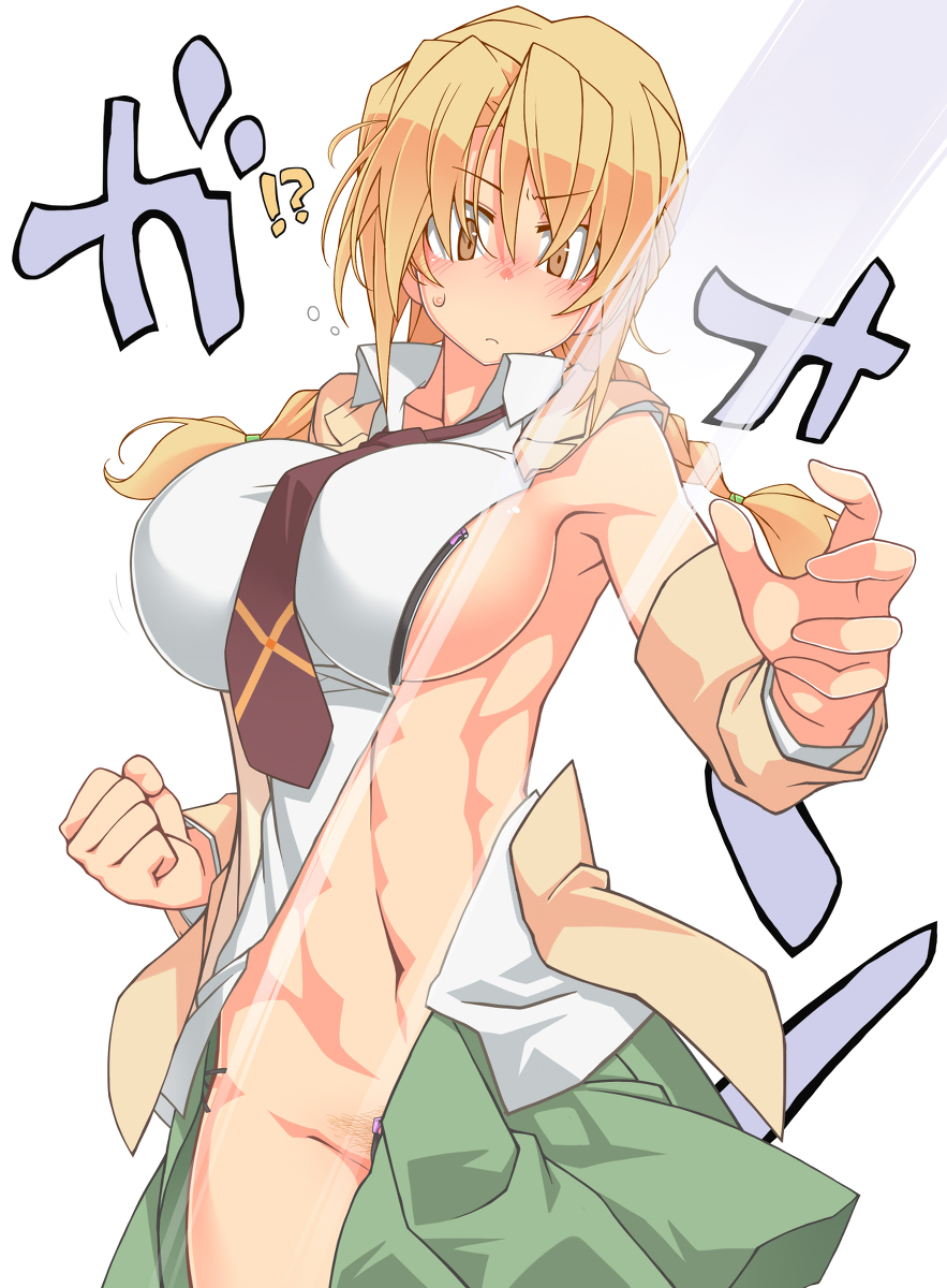 1girl abs black_bra blonde_hair blush bra breasts closed_mouth fighting_stance green_skirt hair_between_eyes highres kaitou_reiko large_breasts light_brown_jacket long_hair necktie original oteruko_(wanabeee) pubic_hair red_neckwear school_uniform shirt sideboob skirt surprised tagme the_hand_(stand) twintails underwear upper_body white_shirt yellow_eyes