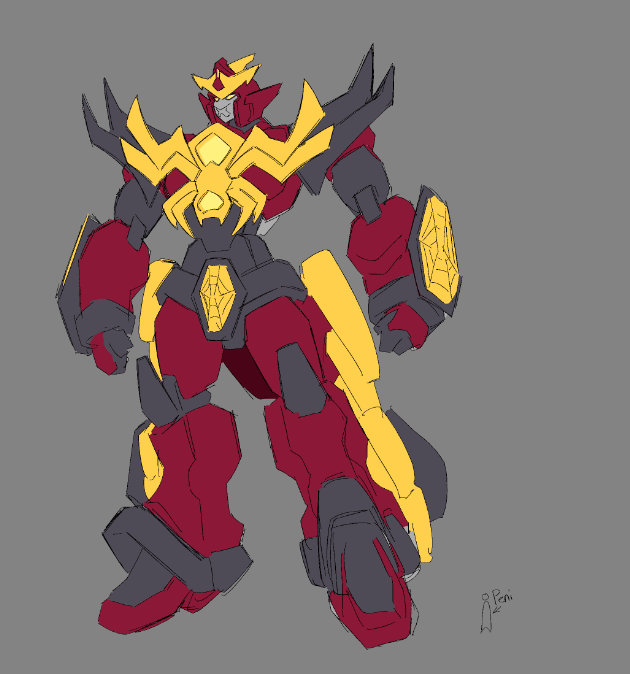 armor arms_at_sides bug cosmikaizer grey_background leopardon machinery marvel mecha mecha_focus peni_parker robot science_fiction silk size_comparison size_difference sp//dr spider spider-man_(series) spider_web spider_web_print super_robot v-fin yellow_armor yellow_eyes