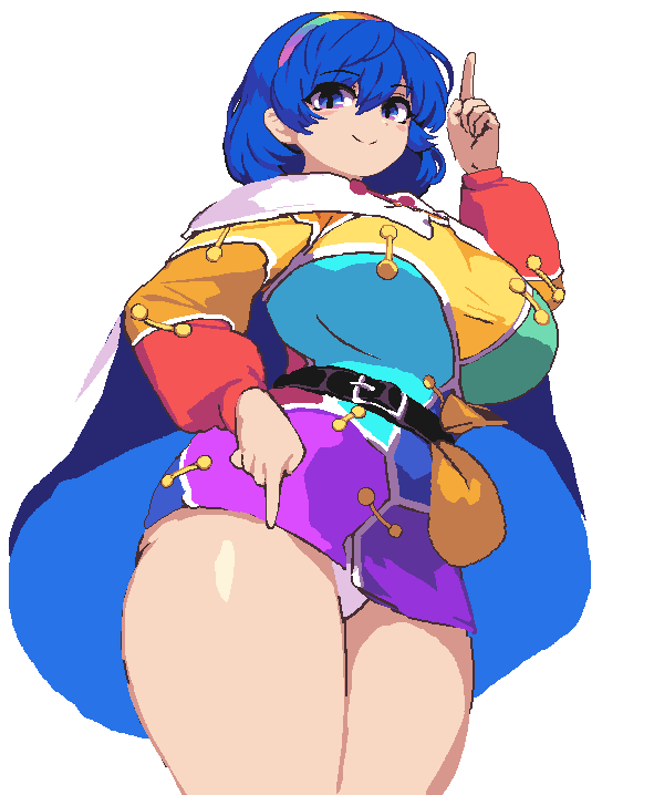 1girl :d animated animated_gif arm_up belt belt_pouch blue_cape blue_eyes blue_hair breasts cape closed_mouth collared_cape cowboy_shot curvy dancing dress hairband index_finger_raised large_breasts long_sleeves looking_at_viewer microdress miniskirt multicolored_dress multicolored_hairband namako_daibakuhatsu non-web_source open_mouth orange_sleeves panties pantyshot patchwork_clothes pointing pointing_down pointing_up pouch rainbow_gradient rainbow_hairband sack short_hair skirt smile solo standing tenkyuu_chimata thick_thighs thighs third-party_edit touhou transparent_background two-sided_cape two-sided_fabric unconnected_marketeers underwear white_cape white_panties wide_hips