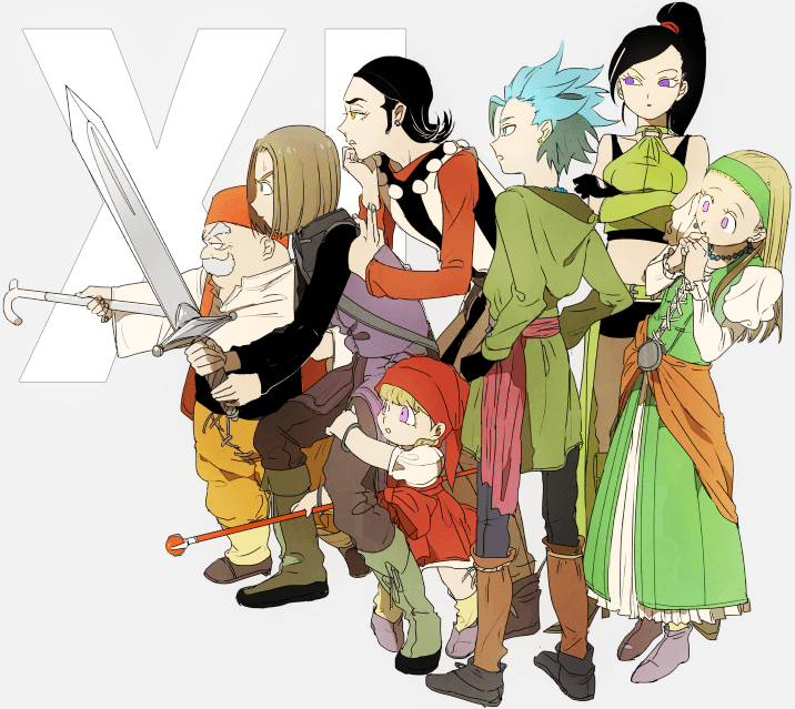 3girls 4boys black_gloves black_hair blonde_hair blue_hair brown_footwear brown_hair brown_pants camus_(dq11) crossed_arms dragon_quest dragon_quest_xi dress eyelashes facial_hair gloves green_dress green_headband green_shirt green_tunic grey_background hat headband hero_(dq11) high_ponytail holding holding_staff holding_sword holding_weapon long_hair mari-mason martina_(dq11) midriff multiple_boys multiple_girls mustache old old_man pants pink_eyes ponytail purple_eyes red_hat red_shirt row_(dq11) senya_(dq11) shirt staff sword sylvia_(dq11) tunic veronica_(dq11) weapon yellow_eyes