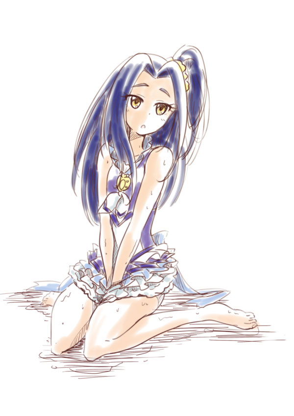 1girl adapted_costume barefoot between_legs blue_hair collarbone cosplay cure_beat cure_beat_(cosplay) female_focus full_body hair_intakes hair_ornament hair_scrunchie hand_between_legs high_ponytail kurokawa_eren layered_skirt long_hair miniskirt nita_(onakatohoppe) one_side_up open_mouth ponytail precure purple_shirt scrunchie shirt simple_background sitting sketch skirt sleeveless sleeveless_shirt solo suite_precure very_long_hair wariza wet white_background white_skirt yellow_eyes yellow_scrunchie