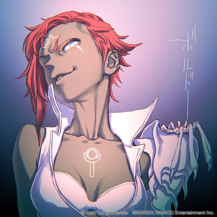 .hack// .hack//g.u. 1girl bordeaux collarbone dark-skinned_female dark_skin forehead looking_at_viewer official_art red_hair short_hair short_hair_with_long_locks simple_background smile solo white_eyes