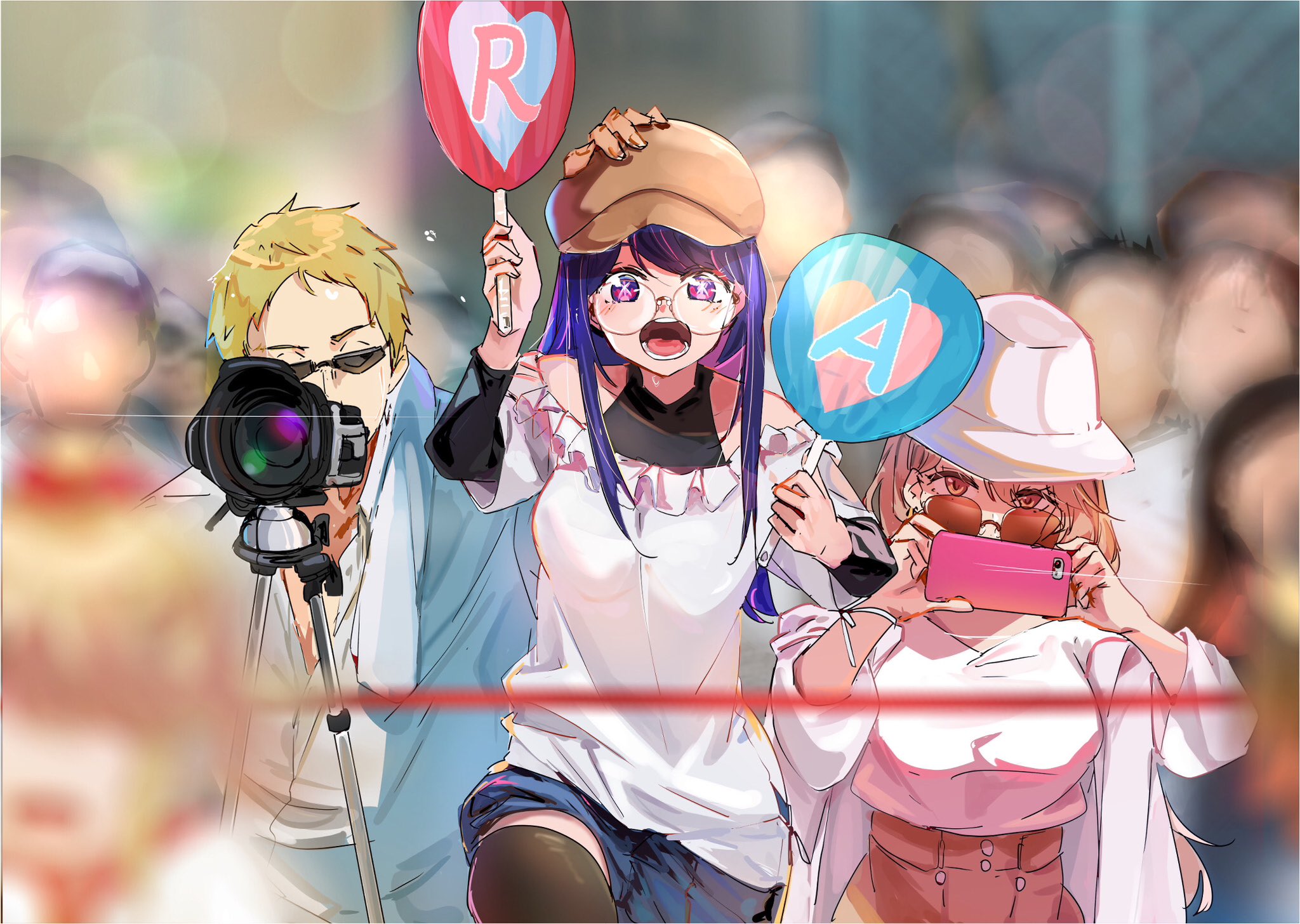 1boy 2girls aiming aiming_at_viewer black_thighhighs blonde_hair blue_shirt blue_skirt blurry blurry_background breasts brown_hair brown_headwear camera funi_mu9 glasses hand_on_another's_head highres holding holding_camera holding_phone hoshino_ai looking_at_another looking_at_viewer medium_breasts multiple_girls off_shoulder open_mouth oshi_no_ko phone pink_skirt puffy_sleeves purple_eyes purple_hair saitou_ichigo saitou_miyako shirt skirt sunglasses symbol-shaped_pupils taking_picture thighhighs towel towel_around_neck upper_body white_headwear wide_sleeves