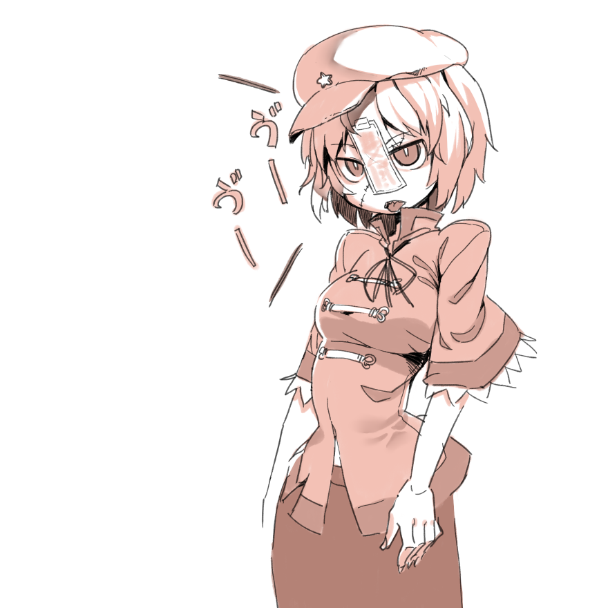 1girl asakawa_remon breasts brown_theme cabbie_hat chinese_clothes commentary_request cowboy_shot hat hat_ornament jiangshi lace-trimmed_sleeves lace_trim looking_at_viewer medium_breasts miyako_yoshika monochrome neck_ribbon ofuda open_mouth patchwork_skin ribbon sharp_teeth short_hair short_sleeves simple_background skirt solo star_(symbol) star_hat_ornament stitches tangzhuang teeth tongue tongue_out touhou translation_request