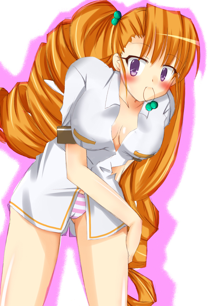 1girl aq_interactive arcana_heart arcana_heart_2 atlus bare_legs bracelet breasts cameltoe closed_mouth cowboy_shot drill_hair examu facing_viewer hair_ornament hairpin jewelry long_hair mouth_hold nanohazuki no_pants orange_hair outline panties petra_johanna_lagerkvist pink_outline purple_eyes shirt simple_background solo standing striped_clothes striped_panties twin_drills underwear very_long_hair white_background white_shirt