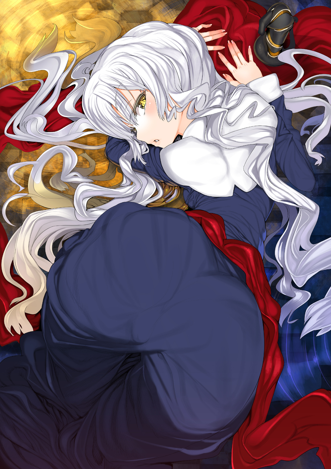1girl ass blush caren_hortensia char dress fate/hollow_ataraxia fate/stay_night fate_(series) female_focus hair_spread_out hat highres long_hair looking_back pantylines silver_hair solo top-down_bottom-up yellow_eyes