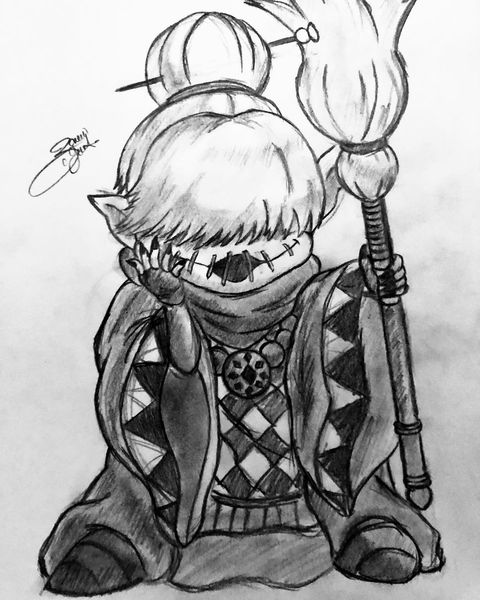 babamon digimon digimon_(creature) monochrome nail_polish orb pointy_ears short_hair sketch solo traditional_media