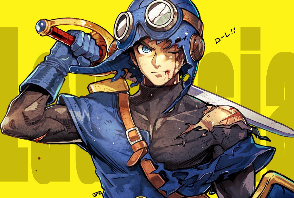 1boy battle_damage black_bodysuit bleeding blood blood_from_mouth blood_on_face blue_eyes blue_gloves blue_hat blue_tunic bodysuit closed_mouth collarbone commentary_request dragon_quest dragon_quest_ii gloves goggles goggles_on_headwear hat holding holding_sword holding_weapon injury looking_at_viewer male_focus one_eye_closed prince_of_lorasia sanpo_kbg solo sweat sword toned toned_male torn_bodysuit torn_clothes torn_tunic tunic upper_body weapon