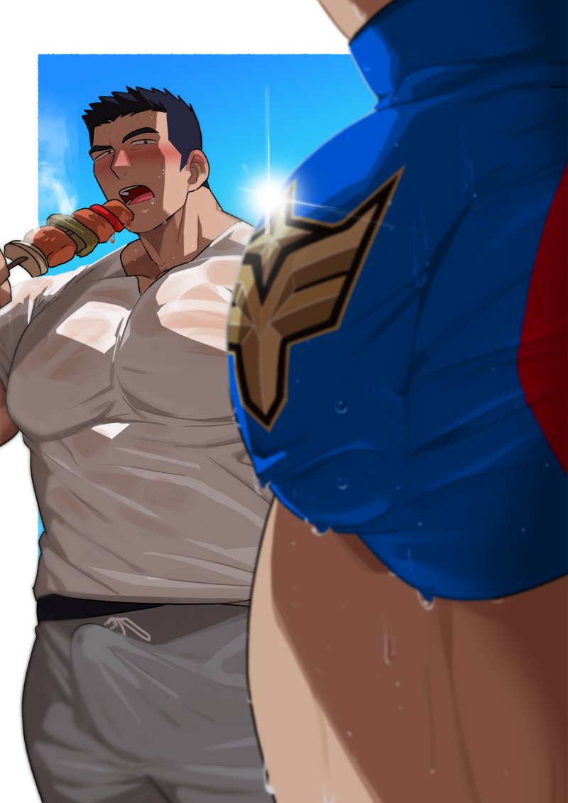2boys absol_(dkqthf) ao_isami bara black_hair blue_male_swimwear blush border bulge covered_penis crotch_focus diffraction_spikes eating erection erection_under_clothes girl_staring_at_guy&#039;s_chest_(meme) grey_shorts holding holding_skewer large_pectorals lewis_smith male_focus male_swimwear male_underwear meme multiple_boys muscular muscular_male open_mouth out_of_frame outside_border pectorals sexually_suggestive shirt short_hair shorts skewer sky sweat tight_clothes tight_shirt underwear upper_body wet white_border white_shirt yuuki_bakuhatsu_bang_bravern
