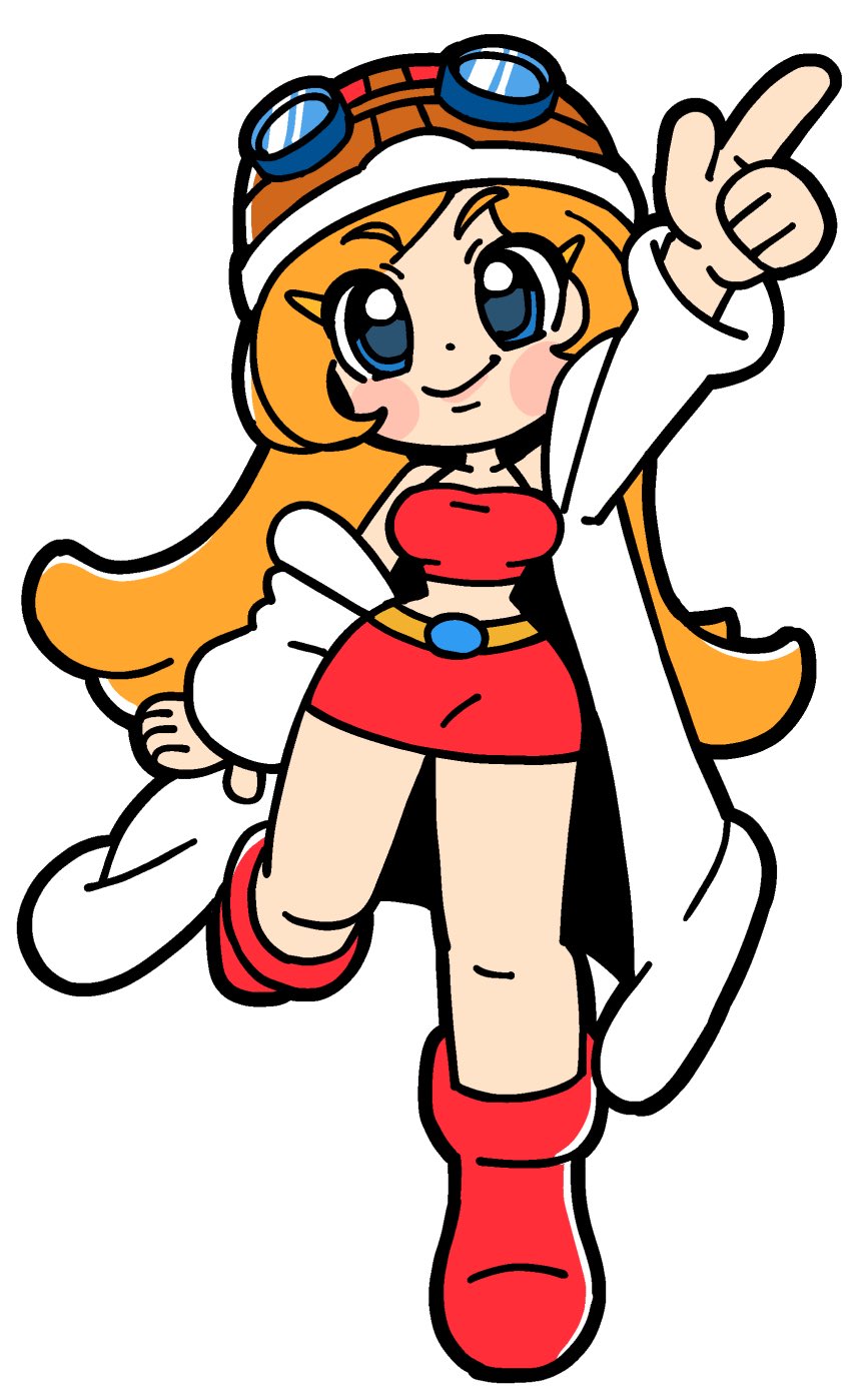 1girl arm_up bkub blue_eyes blush_stickers boots closed_mouth coat crop_top dot_nose goggles goggles_on_headwear helmet highres long_hair miniskirt mona_(warioware) nintendo orange_hair pointing pointing_up red_boots red_skirt simple_background skirt solo very_long_hair warioware white_background white_coat