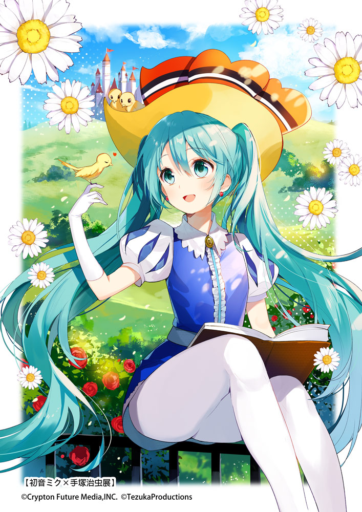 1girl aqua_eyes aqua_hair bird bird_on_hand book castle cloud day earrings elbow_gloves female_focus flower gloves hat hatsune_miku jewelry long_hair open_mouth outdoors pantyhose ribbon_no_kishi rose sitting sky solo twintails very_long_hair vocaloid white_gloves white_pantyhose yuzuki_kihiro