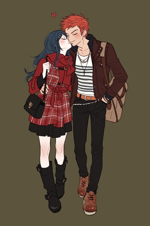 1boy 1girl bag belt black_footwear blue_hair blush boots bracelet brown_footwear casual closed_eyes couple danganronpa:_trigger_happy_havoc danganronpa_(series) dg_xhs dress facial_hair full_body hand_around_waist hand_in_pocket handbag heart hetero jewelry kiss kissing_cheek kuwata_leon maizono_sayaka necklace pants plaid pleated_skirt red_hair shirt skirt soul_patch striped_clothes striped_shirt