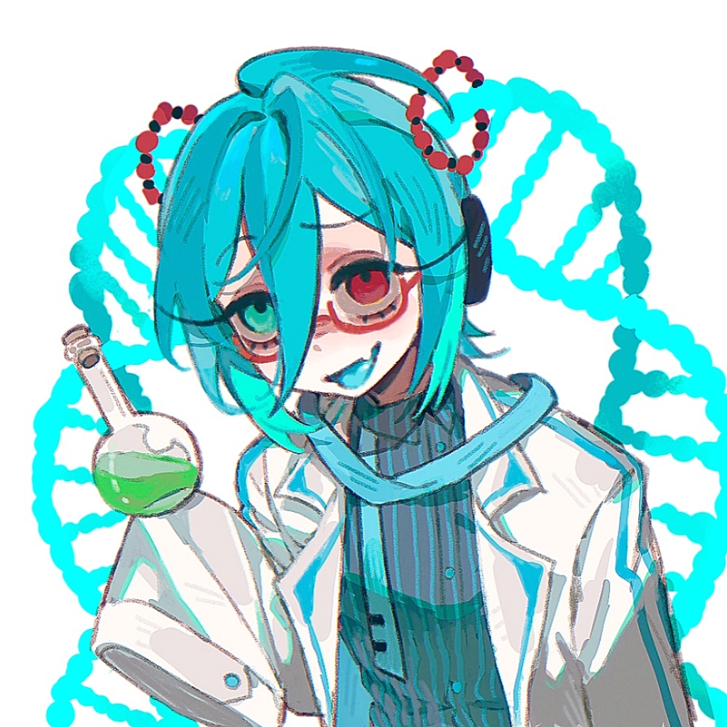 1girl alternate_costume aqua_eyes aqua_hair blue_hair blue_necktie blue_tongue buttons collared_shirt colored_tongue double_helix fang grey_shirt hair_between_eyes hatsune_miku heterochromia lab_coat lapels long_hair long_sleeves multicolored_hair necktie notched_lapels open_clothes open_mouth red_eyes rice_(somasuki_77) shirt simple_background skin_fang sleeves_past_fingers sleeves_past_wrists smile tie_clip two-tone_hair undone_necktie upper_body white_background