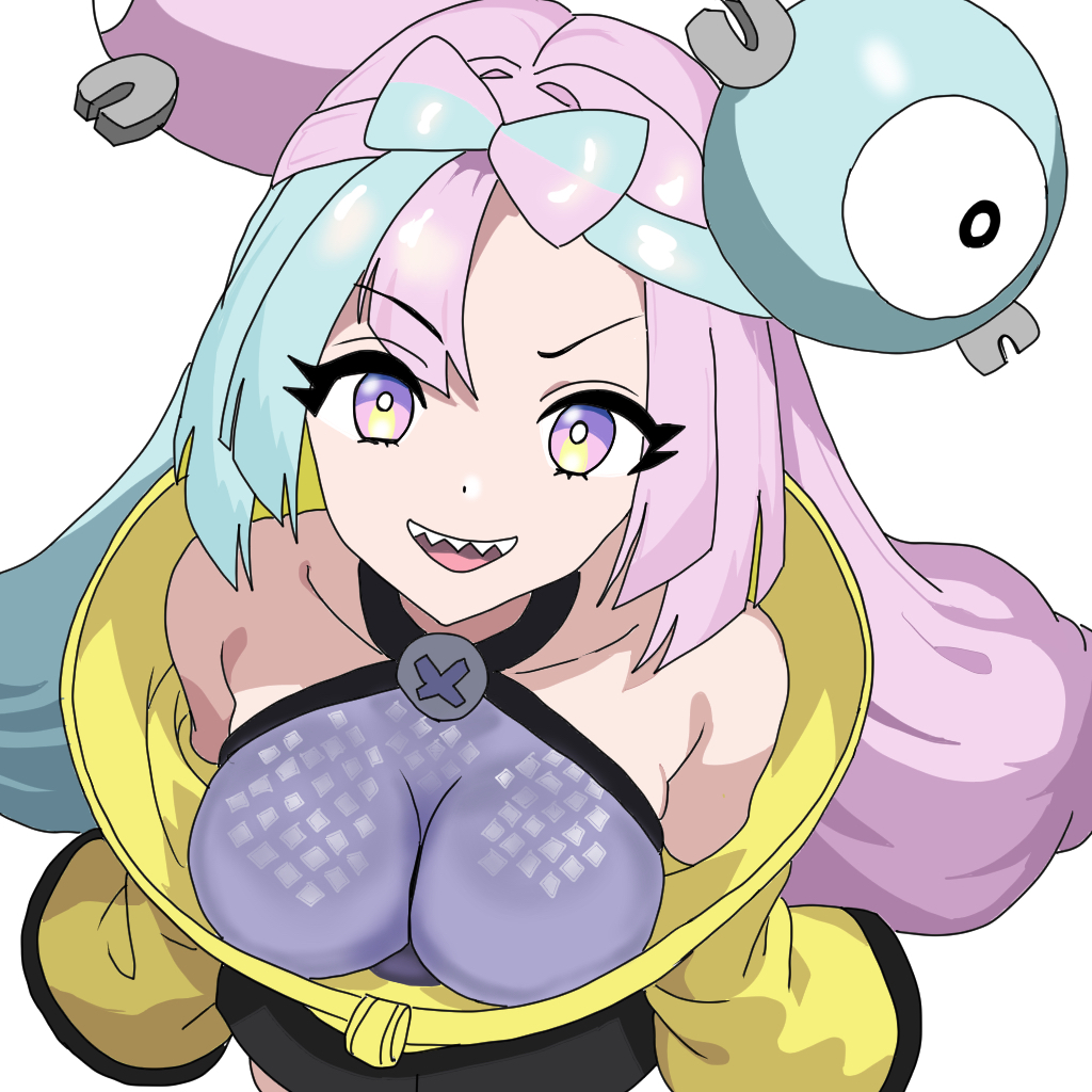 bow-shaped_hair character_hair_ornament fake_hair_bun grey_pantyhose hair_ornament hexagon_print highres iono_(pokemon) jacket multicolored_hair oversized_clothes pantyhose pokemon pokemon_sv sharp_teeth sleeves_past_fingers sleeves_past_wrists split-color_hair teeth two-tone_hair very_long_sleeves x yellow_jacket