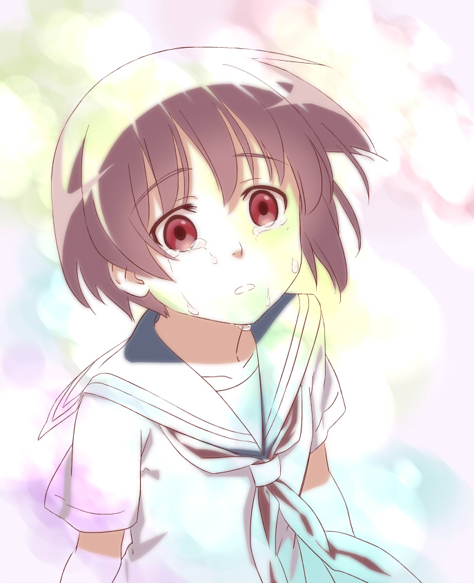 1girl brown_hair collarbone crying female_focus miyanaga_saki open_mouth red_eyes saki_(manga) school_uniform serafuku shikou_sakugo_(qqap9gt9k) shikousakugo short_hair solo tears