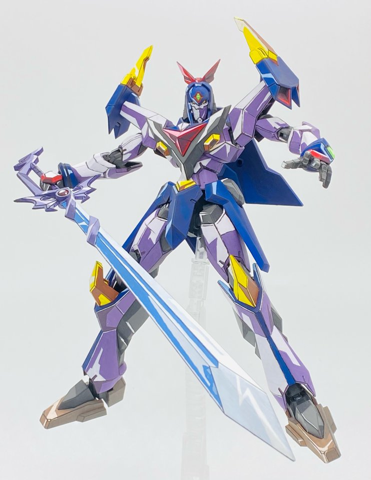1girl bow floating hair_bow holding holding_sword holding_weapon mecha model_kit model_kit_(medium) moderoid no_humans open_hand photo_(medium) pipimi poptepipic red_bow robot solo super_pipimi super_robot sword takitake_gohan unconventional_media weapon yellow_eyes
