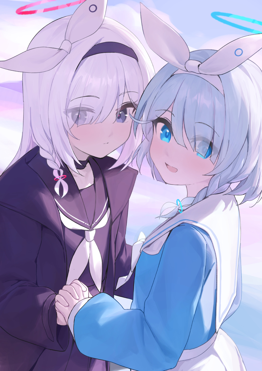 2girls arona_(blue_archive) black_coat black_hairband black_sailor_collar black_serafuku black_shirt black_skirt blue_archive blue_eyes blue_hair blue_serafuku blue_shirt blush bow_hairband braid breasts choker coat grey_eyes hair_over_one_eye hairband halo highres light_blue_hair long_hair long_sleeves looking_at_viewer multiple_girls open_clothes open_coat open_mouth plana_(blue_archive) red_pupils s.w sailor_collar school_uniform serafuku shirt short_hair side_braid skirt small_breasts smile white_hair white_hairband white_sailor_collar white_skirt