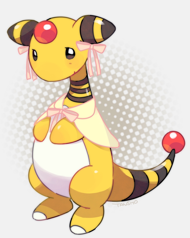 ampharos capelet closed_mouth clothed_pokemon commentary_request full_body gen_2_pokemon nintendo no_humans pink_ribbon pokemon pokemon_(creature) pokemon_focus ribbon standing tansho white_capelet
