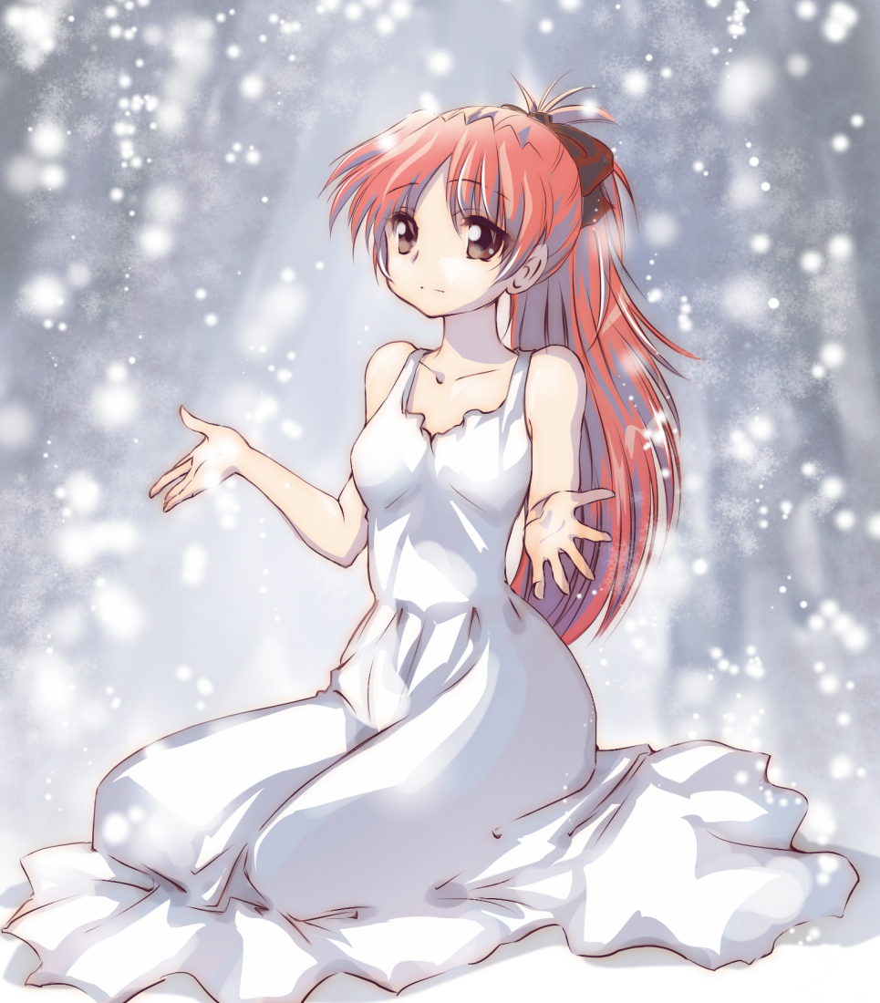 bare_arms bare_shoulders black_bow bow breasts closed_mouth collarbone dress high_ponytail long_dress long_hair mahou_shoujo_madoka_magica medium_breasts nakasawa_kei ponytail pose_request red_eyes red_hair sakura_kyoko sleeveless sleeveless_dress snowing white_dress