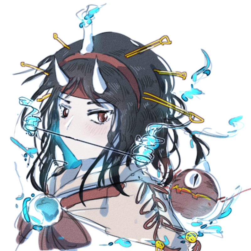 1other androgynous black_hair blue_fire brown_kimono burabura candle_on_head fire hairband hairpin headband horns japanese_clothes kimono len&#039;en medium_hair mouth_hold multiple_hairpins other_focus portrait proton-bonfire red_eyes red_hairband red_headband taira_no_chouki white_horns