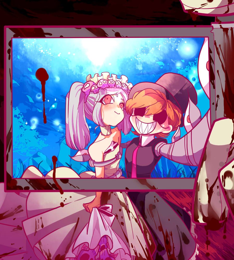 1girl 2018 2girls alternate_costume bare_shoulders black_dress black_hat blood blood_on_clothes blood_on_phone bloody_clothes bloody_dress bloody_marie_(skullgirls) blue_sky bonnet bouquet bride cellphone clenched_hand collar commentary constricted_pupils cyborg detached_collar dress extra_eyes flower flustered foreshortening framed frilled_dress frills gloves grey_hair grin groom hair_ornament hat head_tilt holding holding_phone hug korean_commentary light_blush light_smile mechanical_arms multiple_girls necktie no_pupils orange_hair parted_bangs peacock_(skullgirls) phone picture_frame pout purple_flower purple_rose red_eyes red_necktie red_sky restrained rose selfie sharp_teeth sidelocks skull_hair_ornament skullgirls sky smile standing taking_picture tareme teeth top_hat twintails u_sihoo white_collar white_dress white_gloves