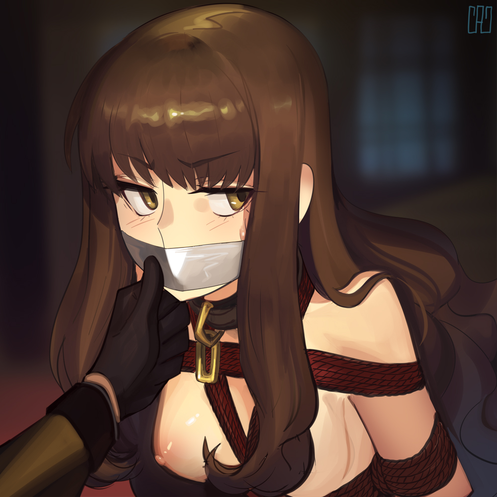 1girl bdsm blush bondage bound breasts brown_eyes brown_hair cad_(caddo) collar fate/extra fate_(series) gag improvised_gag kishinami_hakuno_(female) long_hair looking_to_the_side medium_breasts nipples nude rope shibari sidelocks slave solo_focus tape tape_gag