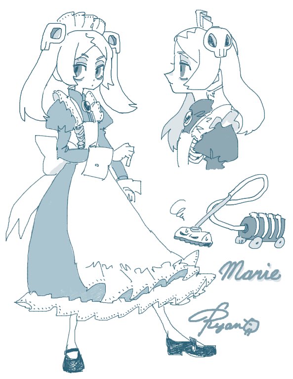1girl apron bags_under_eyes bloody_marie_(skullgirls) brooch character_name dress frilled_apron frilled_dress frills full_body hair_ornament half-closed_eyes jewelry juliet_sleeves long_sleeves looking_to_the_side maid_headdress mary_janes monochrome multiple_views puffy_sleeves ribs ryantoruhuhu shoes skeleton skull_hair_ornament skullgirls solo twintails vacuum_cleaner white_background