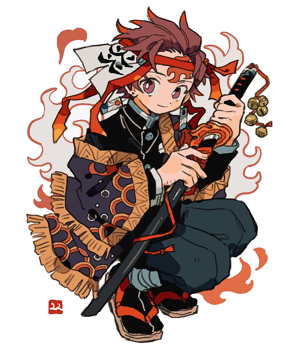 1boy artist_logo black_jacket black_pants black_socks blush_stickers brown_sandals closed_mouth earrings full_body hanafuda_earrings headband holding holding_sword holding_weapon jacket jewelry kamado_tanjirou katana kimetsu_no_yaiba logo long_sleeves looking_at_viewer male_focus pants red_eyes red_hair red_headband sandals scar scar_on_face scar_on_forehead short_hair simple_background smile socks solo squatting sword weapon white_background zettai_22