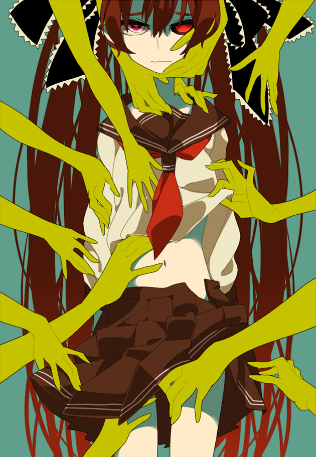 1girl blue_background calne_ca_(deino) clothes_lift hand_on_another&#039;s_face hand_on_another&#039;s_leg hand_on_another&#039;s_neck hand_on_another&#039;s_shoulder hand_on_another&#039;s_stomach long_hair long_sleeves neckerchief plaid_clothes plaid_skirt red_eyes red_neckerchief saikin_osen_-_bacterial_contamination_-_(vocaloid) sailor_collar sameyama_jiro school_uniform shirt shirt_lift skirt solo_focus twintails undressing very_long_hair vocaloid white_shirt