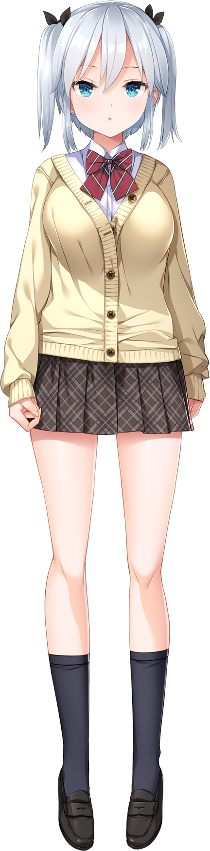 :o black_ribbon black_shoes black_socks blue_eyes bow bowtie breasts cardigan diagonal-striped_bow diagonal-striped_bowtie diagonal-striped_clothes earrings full_body game_cg girls_frantic_clan grey_hair highres jewelry large_breasts long_image looking_at_viewer matsudo_minami non-web_source official_art red_bow red_bowtie ribbon shirt shoes socks striped_clothes stud_earrings tachi-e tall_image transparent_background twintails white_shirt yaegashi_nan yellow_cardigan