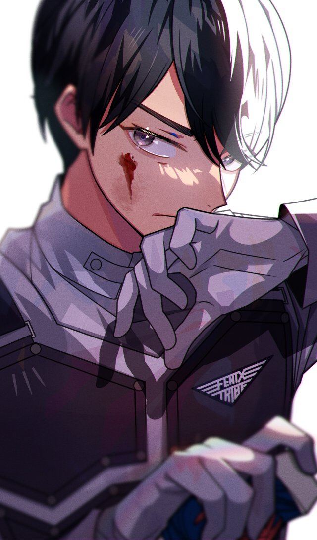 1boy armor bad_id bad_twitter_id black_hair blood blood_on_face blue_eyes fenix_uniform gloves hito01 kadota_hiromi kamen_rider kamen_rider_revice male_focus military military_uniform short_hair spider_genome vest vistamp white_background white_gloves