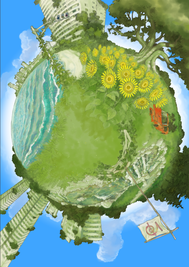 bridge building car cloud eunos_roadster flower forest mazda motor_vehicle nature no_humans ocean official_art overgrown planet plant post-apocalypse sekiguchi_taro sky skyscraper sunflower traffic_light tree yurusaba.