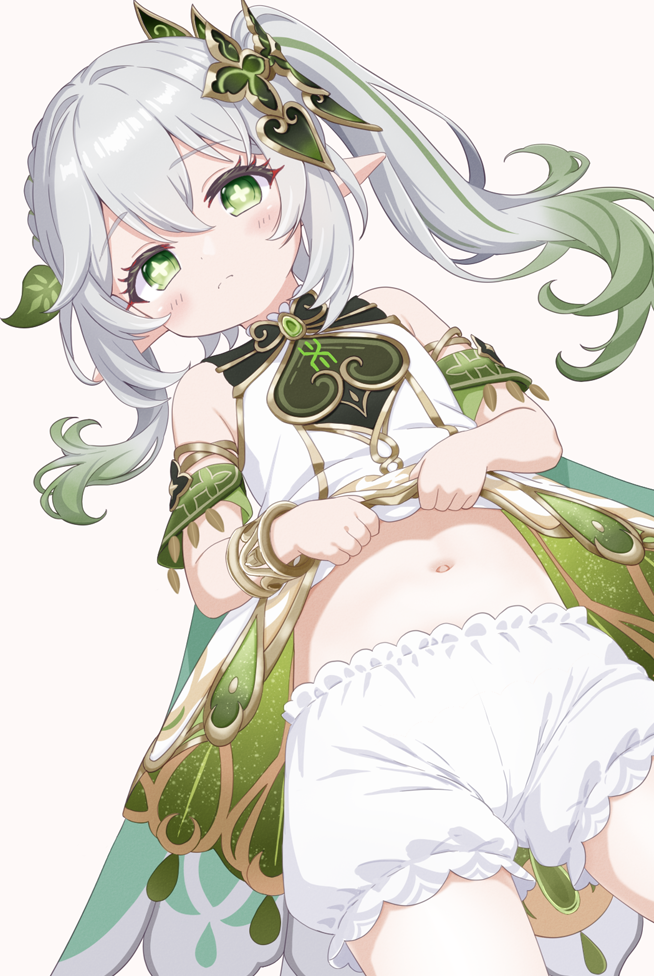 1girl ale_pocot bloomers clothes_lift commentary dress dress_lift genshin_impact green_eyes hair_ornament lifting_own_clothes loli multicolored_hair nahida_(genshin_impact) navel pointy_ears side_ponytail sleeveless sleeveless_dress solo underwear white_bloomers white_dress