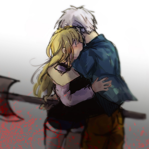 1boy 1girl axe bad_end blonde_hair blood blood_splatter blue_eyes blurry denim denim_shorts hug long_hair mermaid_swamp ningyo_numa pants short_hair shorts spoilers tsukuda0310 wakasugi_seitaro weapon white_hair yamazaki_rin