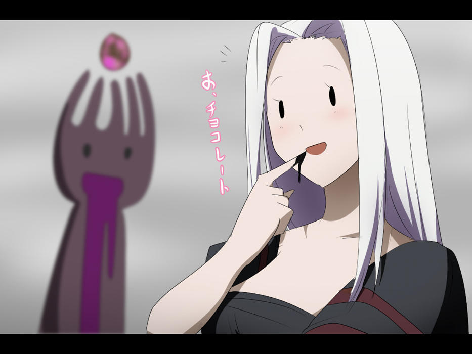 1girl blurry carnival_phantasm dark_persona depth_of_field dress fate/zero fate_(series) female_focus grail-kun irisviel_von_einzbern irisviel_von_einzbern_(black_iri) letterboxed long_hair magukappu parody solid_circle_eyes solo spoilers white_hair