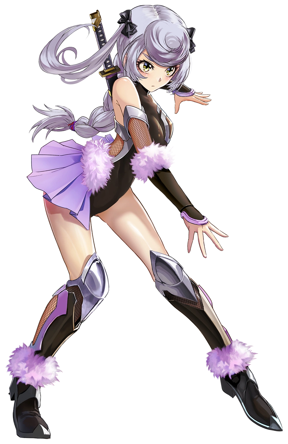 black_leotard bow braid breasts full_body grey_hair hair_bow hatori_seishu leotard lilith-soft looking_ahead official_art rabidhowl shiny_skin single_braid skirt small_breasts standing taimanin_(series) taimanin_rpgx taimanin_suit transparent_background twintails yellow_eyes