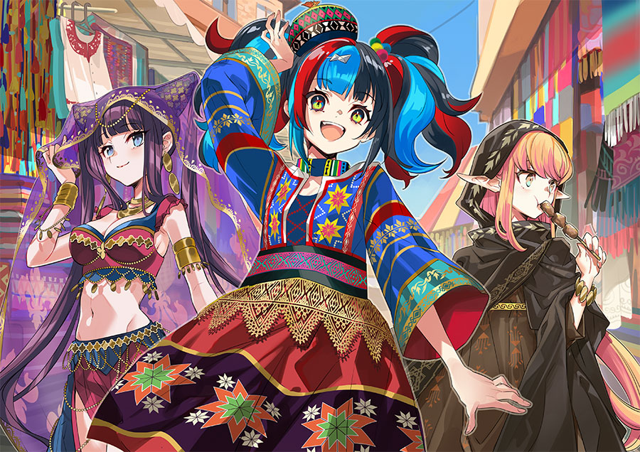3girls arabian_clothes armlet black_hair blue_eyes blue_hair blue_sky breasts circe_(fate) cleavage cloak day dress earrings eating fate/grand_order fate_(series) food hair_ornament hairclip hat head_chain holding holding_food hood hood_up hooded_cloak ito_noizi jewelry long_hair looking_at_viewer midriff multicolored_eyes multicolored_hair multiple_girls navel necklace official_art open_mouth outdoors pink_eyes pink_hair pointy_ears promotional_art purple_hair red_hair second-party_source sei_shounagon_(fate) shish_kebab sky smile twintails veil very_long_hair yang_guifei_(fate) yellow_eyes