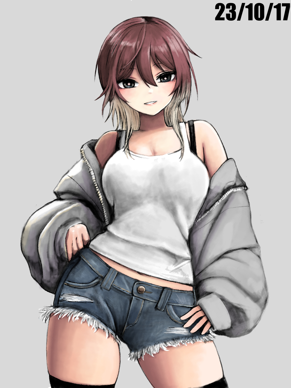 1girl aketa_mikoto alternate_costume bare_shoulders black_bra black_thighhighs blush bra breasts bright_pupils brown_hair camisole cutoffs dated denim denim_shorts gradient_hair grey_jacket highres idolmaster idolmaster_shiny_colors jacket jacket_partially_removed koitusmile large_breasts light_brown_hair looking_at_viewer midriff_peek multicolored_hair navel short_shorts shorts simple_background smile solo thighhighs underwear white_camisole