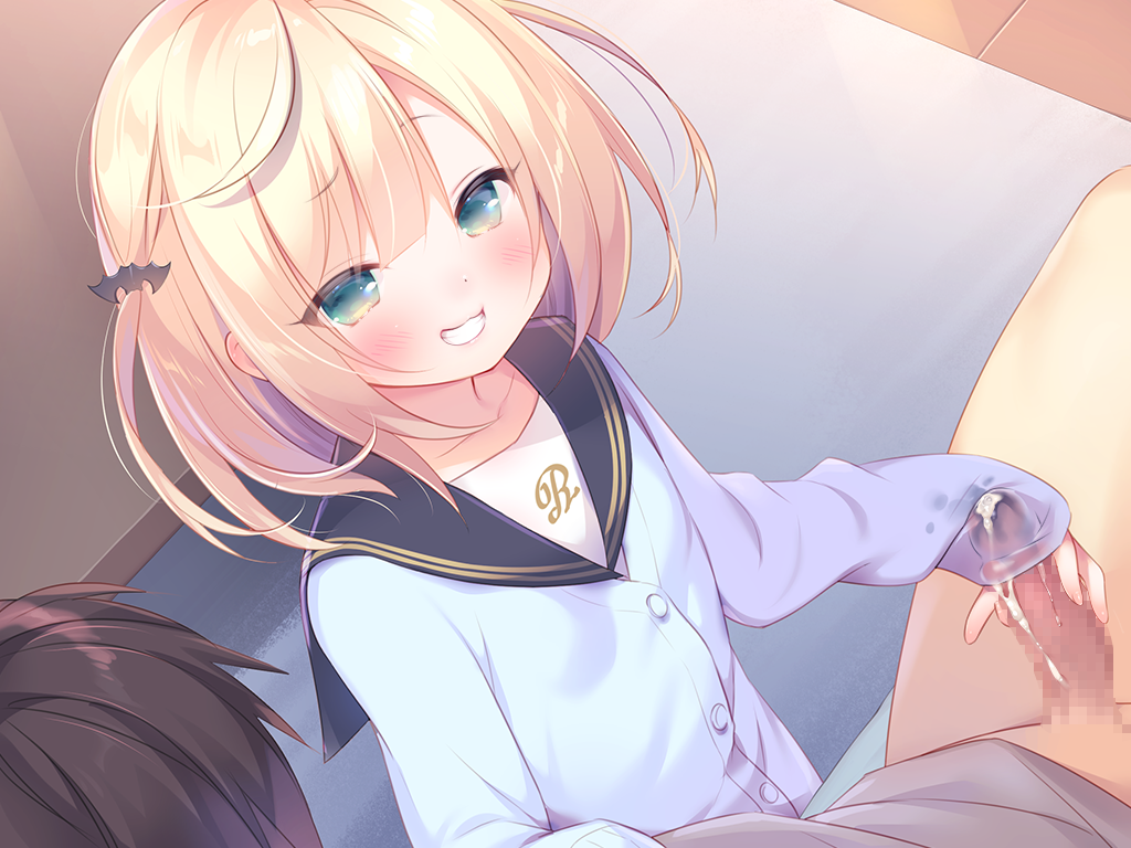 1boy 1girl bat_hair_ornament blonde_hair blue_cardigan blush bottomless cardigan censored cum cum_on_body cum_on_clothes cum_on_penis ejaculation_under_clothes erection flat_chest game_cg green_eyes grin hair_ornament handjob hetero large_variant_set loli mainichi_kiss_shite_lolita mihato_(mainichi_kiss_shite_lolita) mosaic_censoring non-web_source penis penis_under_another&#039;s_clothes piyodera_mucha short_hair sleevejob smile two_side_up variant_set
